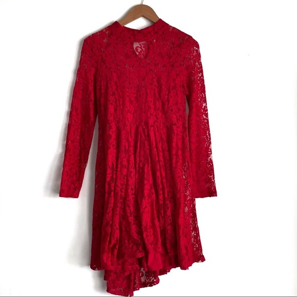 Free People Hearts Delight red long sleeve high collar lace dress with slip - Picture 3 of 11